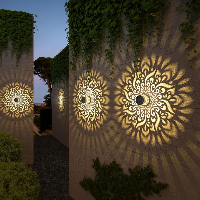 4 Pack Solar Fence Lights Metal Solar Powered Outdoor Wall Deck Step Lights Mandala Theme Waterproof Fence Light for Garden Post Patio Backyard Decor (4 Pack)