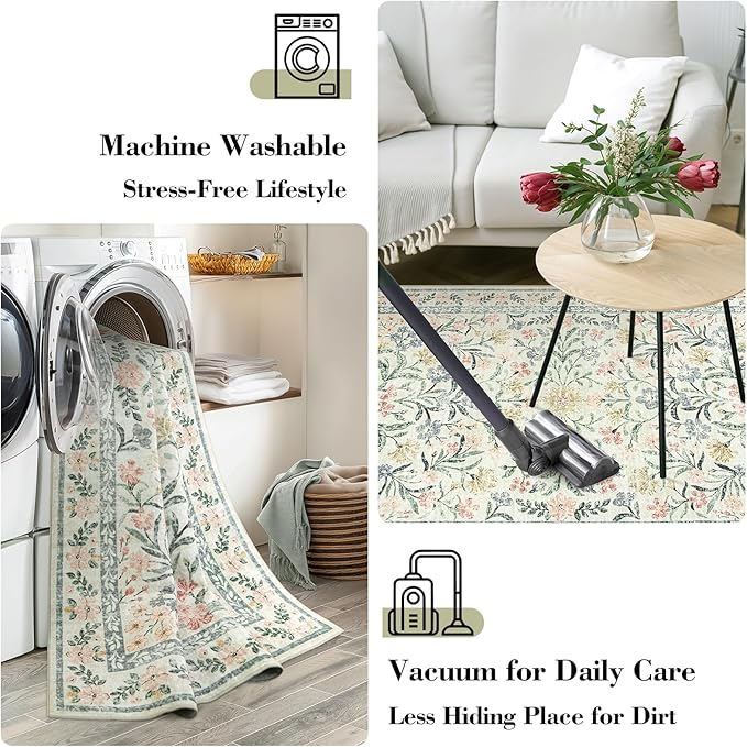 Wonnitar Round Washable Rug, Soft Floral Round Rugs 5ft Circle Carpets for Bedroom Ultra-Thin, Boho Beige Print Distressed Circular Carpet for Living Room Dorm Bedside