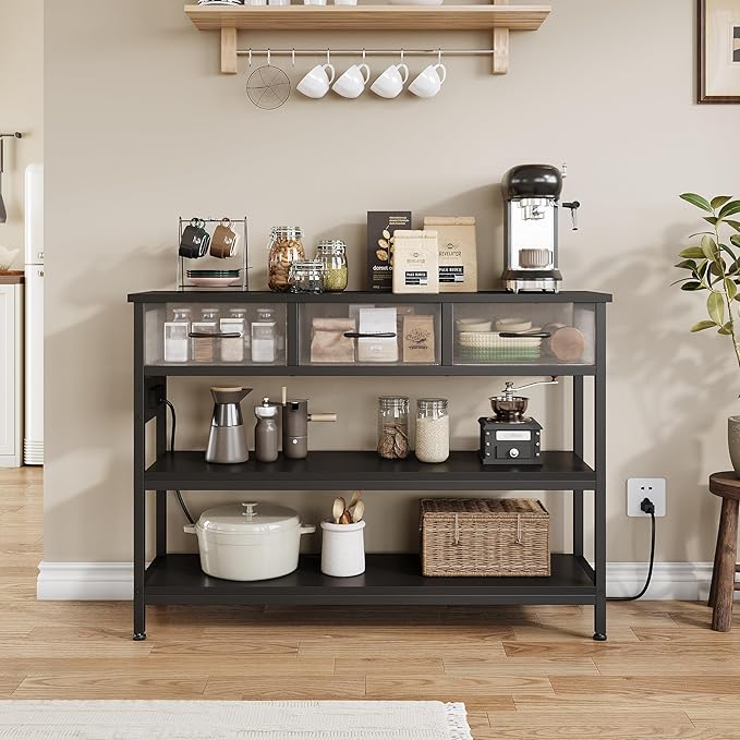 Lulive Entryway Table with Power Outlets, Console Table with 3 Fabric Drawers, Sofa Table for Living Room, Hallway, Couch, Foyer, Height Adjustable (Black, 43")