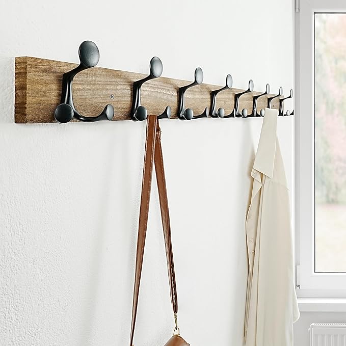 SKOLOO 43-Inch Wood Burnt Coat Rack Wall Mount with 8 Triple Hooks - Ideal for Family Entrances, Classrooms, and Pet Supplies Storage - Perfect Coat Hooks for Wall, Pack of 2