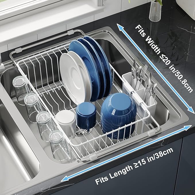 Dish Drying Rack in Sink, Small Dish Drainers for Inside Sink, Over The Sink Dish Racks, Stainless Steel Drying Rack with Utensil Holder, White
