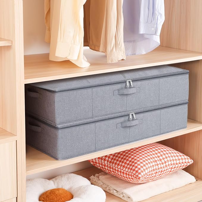 Under the Bed Storage Bins, 31.5 x 15.7 x 5.9 Inch Closet Organizers with Reinforced Handles for Blanket, Sheets, Pillows, Towels, Shoes, Grey, 3 Pack