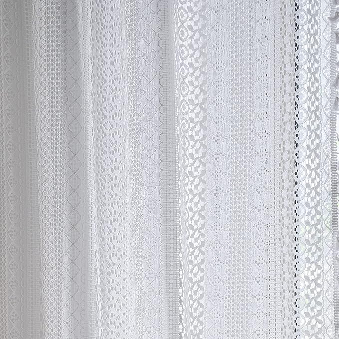 Sutuo Home White Crochet Boho Curtain 96 Inches Long, Sheer Lace Handmade Tassels Knitted Window Treatment Vintage Rustic Bohemian Farmhouse Drape for Bedroom Rod Pocket 1 Panel 59" W x 96" L