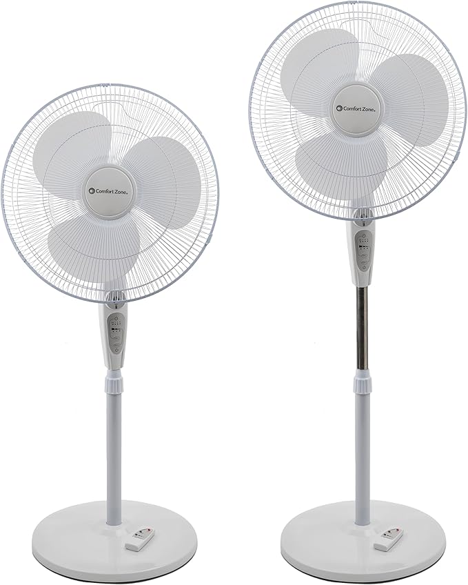 Comfort Zone 18-Inch Oscillating Pedestal Fan with Remote Control, 3-Speed Standing Fan with Adjustable Height (45–52”), Tilt, 4-Hour Timer & Auto Shutoff – Quiet Bedroom Fan, White