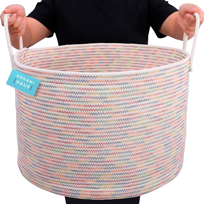 OrganiHaus Toy Storage Basket for Kids, Large Cotton Rope Organizer Bin for Nursery, Toy Box, Blanket Holder, Baby Hamper for Living Room, Soft & Washable, 20x13 inches - Rainbow