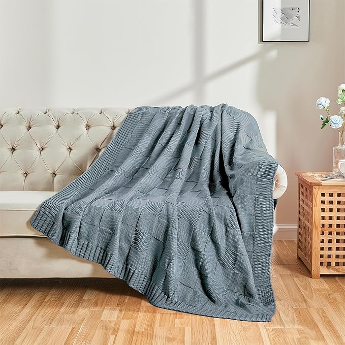 CozeCube Check Knit Throw Blanket, Dusty Blue Checkered Throw for Couch, Decorative Christmas Soft Cozy Warm Knitted Blanket for Bed Sofa Living Room, 50"X60"