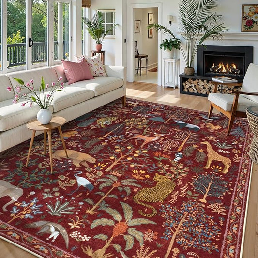 OJIA Animal Washable Rugs 8x10, Soft 8x10 Area Rugs for Living Room, Non Slip Bedroom Rug Under Bed Ultra-Thin Nursery Rug Large Carpet for Dining Room Office Playroom, Red