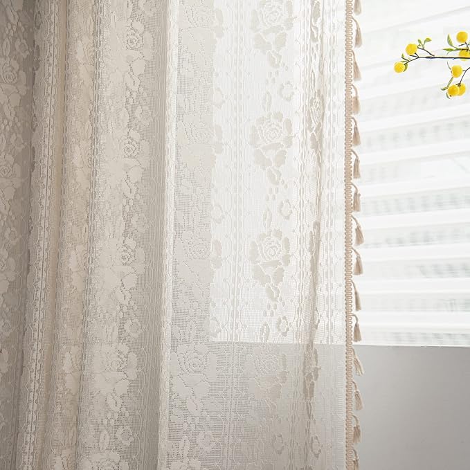 Sutuo Home Crochet Boho Curtains Rose Florals Embroidery, Sheer Lace Handmade Tassels Knitted Window Treatment Vintage Rustic Bohemian Farmhouse Drape for Bedroom Rod Pocket 1 Panel 59" W x 84" L