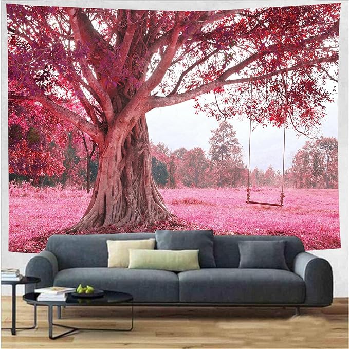 FENDROM Autumn Pink Flower Tapestry Window View Wall Hanging, Nature Forest Floral Trees Garden Scenic Tapestries for Living Room Home Office Dorm