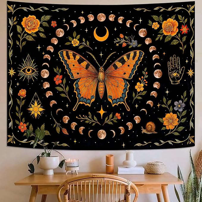 Lunerfex Moon Phase Butterfly Floral Wall Tapestry, Celestial Botanical Tapestries for Room Decor, Mystical Tapestry 90x70 Inch