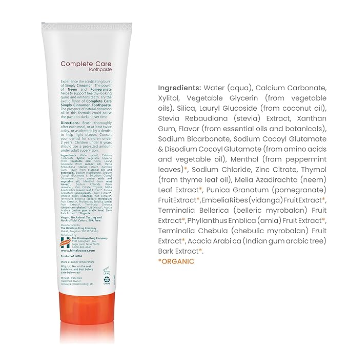 Himalaya Botanique Complete Care Toothpaste, Herbal, Cinnamon Flavor, Fights Plaque, Freshens Breath, Fluoride Free, No Artificial Flavors, SLS Free, Cruelty Free, Foaming, 5.29 Oz, 1 Pack