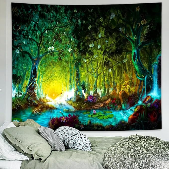 Delur Fantasy Forest Tapestry Mystical River Enchanted Magical Fairy Tale Tree Tapestry Sunrise Landscape Sunset Nature Psychedelic Wall Hanging Headboard for Bedroom Living Room Home Decor (51.2" x 59.1")