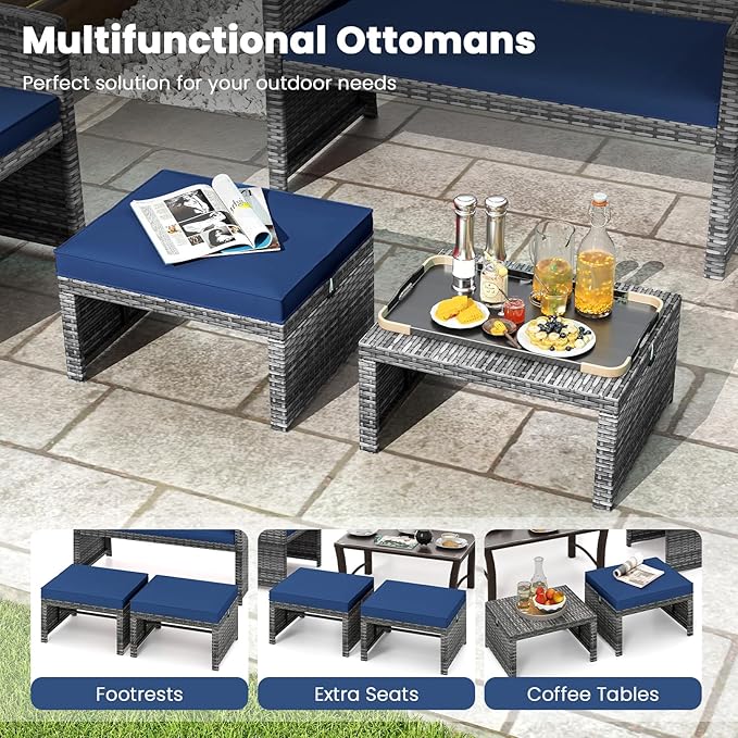 Tangkula 2 Pieces Patio PE Rattan Ottomans, Multipurpose Outdoor Footstool Footrest Additional Seating Side Table with Soft Zippered Cushions for Deck, Garden, and Yard (Navy Blue)