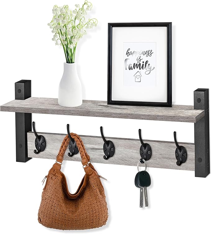 Sorbus Coat Hooks Wall Mount with Shelf – 24 Inch Coat Rack Wall Mount with 5 Heavy Duty Hooks – Floating Wall Shelf with Hooks for Entryway, Bathroom, Bedroom, Kitchen, or Mudroom (Gray)
