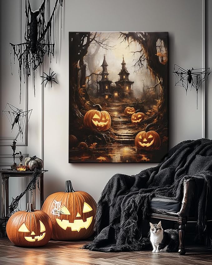 AbcCustomize Halloween Canvas Wall Art - Spooky Haunted House & Eerie Pumpkins Poster, Gothic Fall Decorations for Home, Vintage Halloween Decor Indoor for Living Room, Bedroom & Party