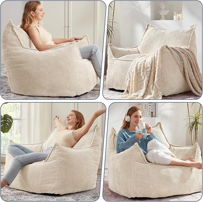 Giant Bean Bag Chair Sofa for Adults Teens, Comfy Corduroy Large Bean Bag Chairs with Armrests for Bedroom Living Room, Adult BeanBag Lazy Sofa Couch Chairs with Filler Included