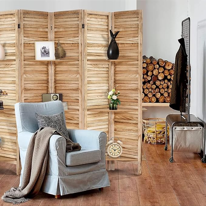 Room Divider with Shelves, Privacy Screen, Room Dividers and Folding Privacy Screens, 5 Panel Wood Temporary Wall Partition Separation Separator, Natural