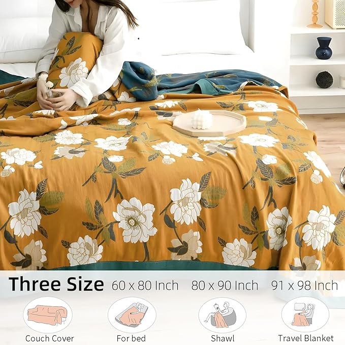 Boho Throw Blanket for Bed - 100% Pure Cotton Ultra Soft Rustic Quilt - Farmhouse Decor Bed Blankets, All Season Rustic Throw for Sofa Couch Chair(80''x 90'', Flower Branch 2)