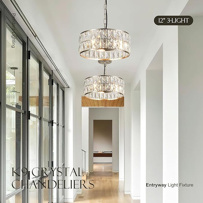 12” 3-Light Modern Crystal Chandeliers Nickel Dinning Room Light Fixture, Round Pendant Light Kitchen Island Chandelier, Flush Mount Ceiling Light for Living Room Entryway Bedroom Foyer