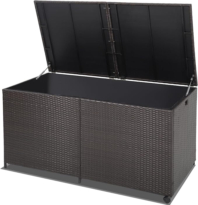 HAPPYGRILL 175 Gallon Outdoor Rattan Deck Box, Wicker Storage Bin with Zippered Liner & 2 Universal Wheels, Safe Pneumatic Rod, Patio Rattan Storage Container for Cushions Pillows