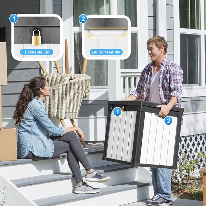 50 Gallon Deck Box Large Outdoor Storage for Patio Furniture,Outdoor Cushions,Garden Tools and Pool Supplies,Waterproof,Resin,Lockable(Black-White)