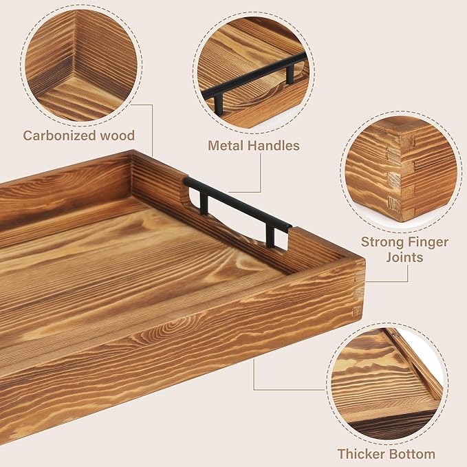 LotFancy Large Ottoman Tray for Living Room, 17x13'' Wood Serving Tray with Handles, Home Décor for Coffee Table, Sofa, 2 Skidproof Coasters Included