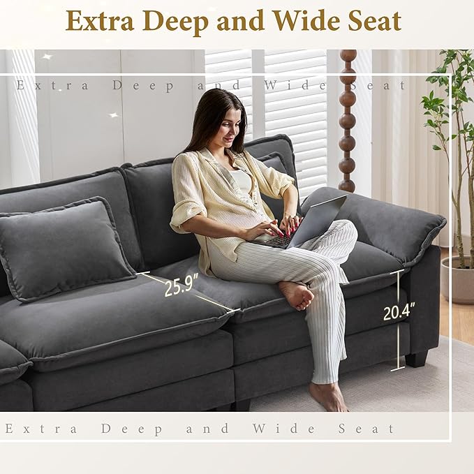 URRED Modular Sectional Sofa Comfy Cloud Couch, Modern Velvet Sofa Sleeper Deep Seat Couches with Ottoman/Pillows for Living Room (Dark Gray, 82.6'')