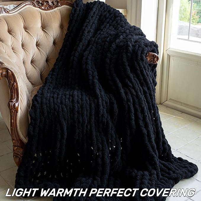 Chunky Knit Blanket - Luxury Soft Cozy 60 * 80 Throw Blanket,100% Woven Blanket Rope Knot Throw Blanket for Couch, Sofa, Home Decor, Gift - Machine Washable(Black)