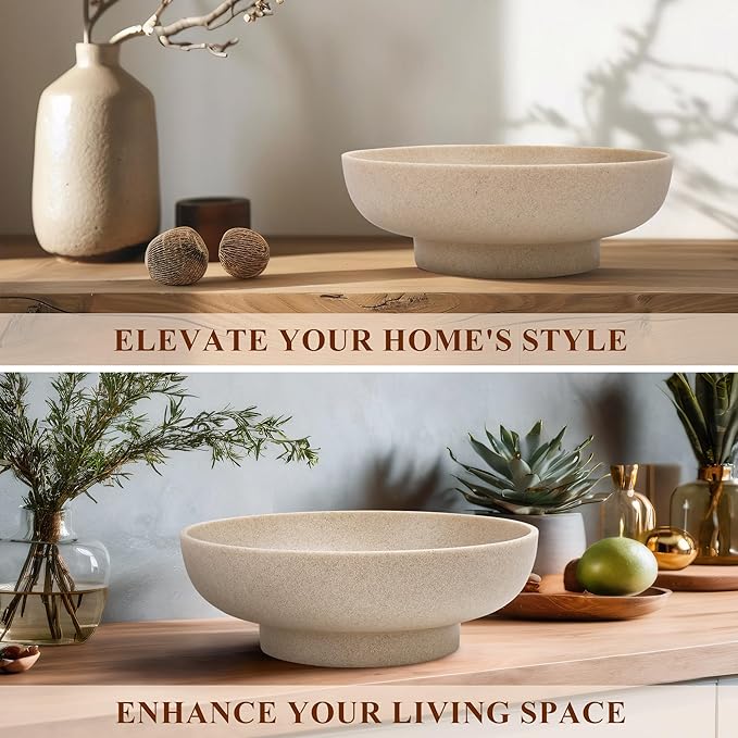Large Decorative Bowl, Modern Handicraft Resin Bowls for Home Decor, Decorative Fruit Bowl for Kitchen Counter, Stylish Key Bowl for Entry Table, Artificial Stone Resin Beige