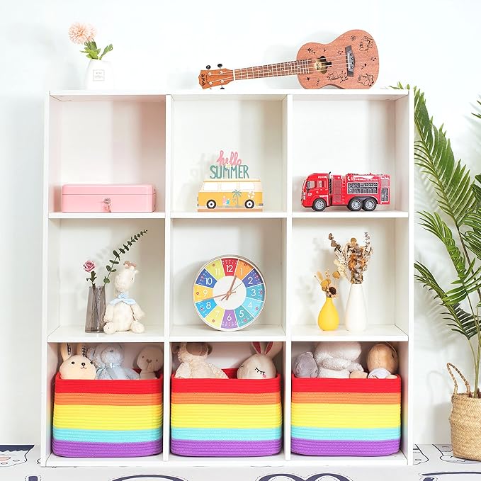 MINTWOOD Design 3-Pack Storage Baskets for Shelves, Playroom and Classroom, Book Basket, Decorative Storage Cube Bins, Woven Closet Organizers, Pantry and Shoe Organizer, Rainbow