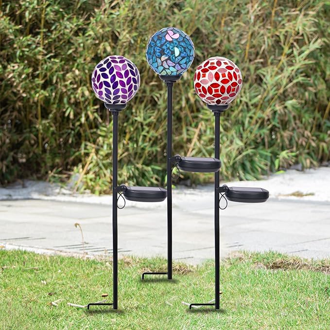 VCUTEKA Solar Garden Decorative Lights Outdoor, Mosaic Solar Light Waterproof LED Pathway Stake Light for Landscape Patio Yard Deck Walkway Decoration, 3 Pack （Blue&Purple&Red）