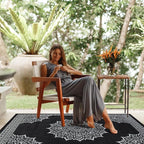 CAMILSON Outdoor Rug, 9x12 Medallion Black White Modern Area Rugs for Large Indoor and Outdoor Patios, Kitchen and Hallway Mats, Washable Porch Deck Outside Carpet (Medallion Black, 9 x 12)