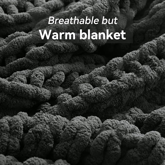 Chunky Knit Throw Blanket, 30''*40'' Knitted Throw Chenille Yarn for Bed Couch, Handmade Dark Grey Crochet Big Thick Blanket, Machine Washable Cute Comfy Blanket for Home Decor