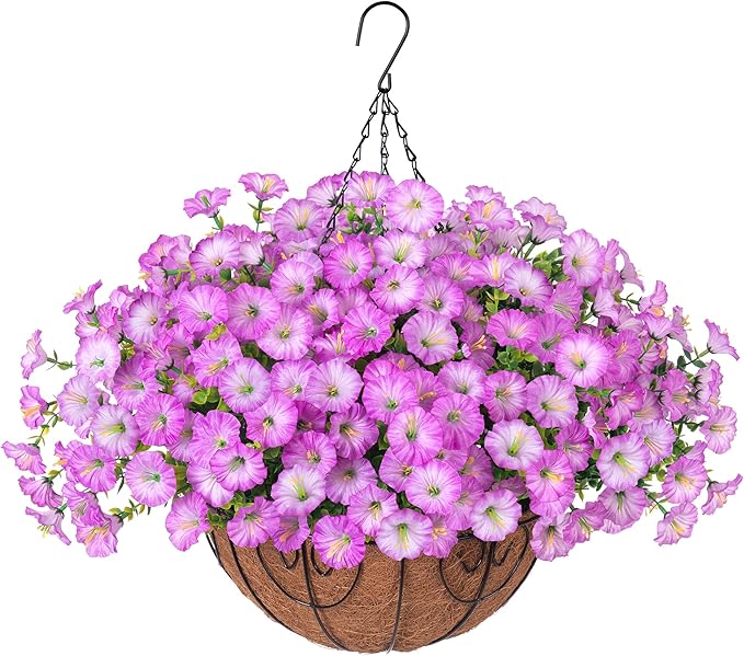 Artificial Faux Hanging Plants Flowers Basket for Outdoor Outside Spring Summer Decoration, Silk Purple Morning Glory in Planter UV Resistant Look Real Fake Flowers for Porch Patio Balcony Home Yard