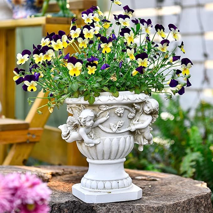 Sungmor Garden Cherub Urn Planter, Lovely Resin Angel Statue Flower Pots, Vintage European Style Planter, Rustic White Whimsy Fairy Decorative Plant Pot, Beautiful Pot for Indoor Outdoor Flowers