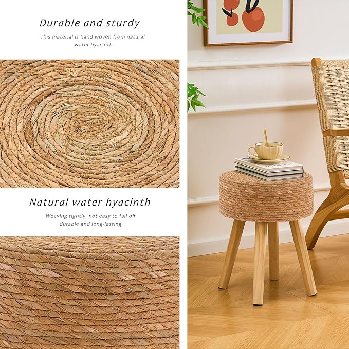 Handwoven Outdoor Ottoman, Water Hyacinth Pouf Round Patio Footstool with Wood Legs, 17-Inch Multipurpose Vanity Stool, Dining Chair, Patio Footrest for Balcony and Garden, Natural
