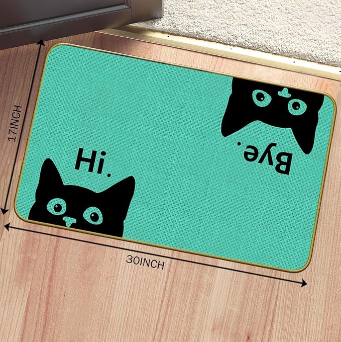 Mingnei Hi Bye Cat Welcome Doormat for Home Kitchen Entrance, Funny Black Cat Lover Floor Mat for Indoor/Outdoor Entryway Rug 30x17 (Green)