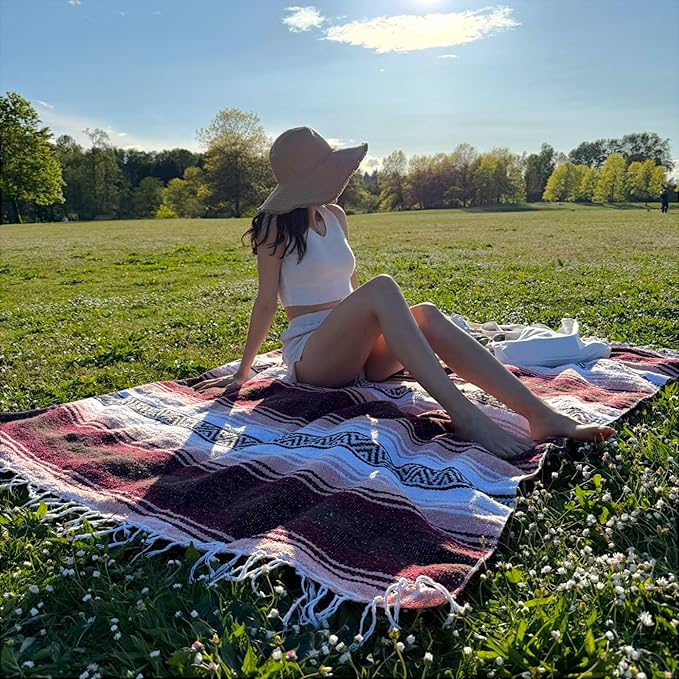 Traditional Handwoven Mexican Blanket, Large Falsa Serape - Soft & Durable Yoga Blanket - Vibrant Beach, Picnic & Camping Blanket - Lightweight Boho Throw 70"x50"
