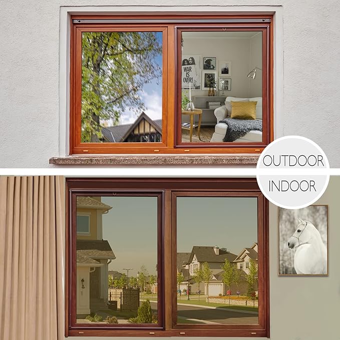 HIDBEA One Way Privacy Window Film, Daytime Mirror Reflective Heat Control UV Sun Blocking Non-Adhesive Static Cling Window Tint for Home and Office (Brown-Silver, 35.4 Inch x 32.8 Feet)