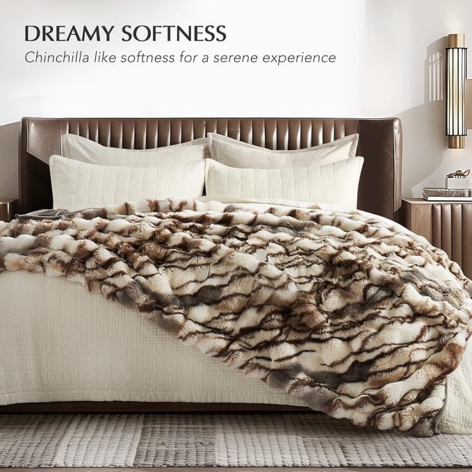 EVERGRACE Ultra Soft Luxury Fluffy Ridgeline Faux Rabbit Fur Throw Blanket, Thick Warm Bubble Throw for Bed, Cozy Plush Reversible Blankets for Couch, Chair, Sofa, Beige & Gray, 50x60 Inches, 870 GSM