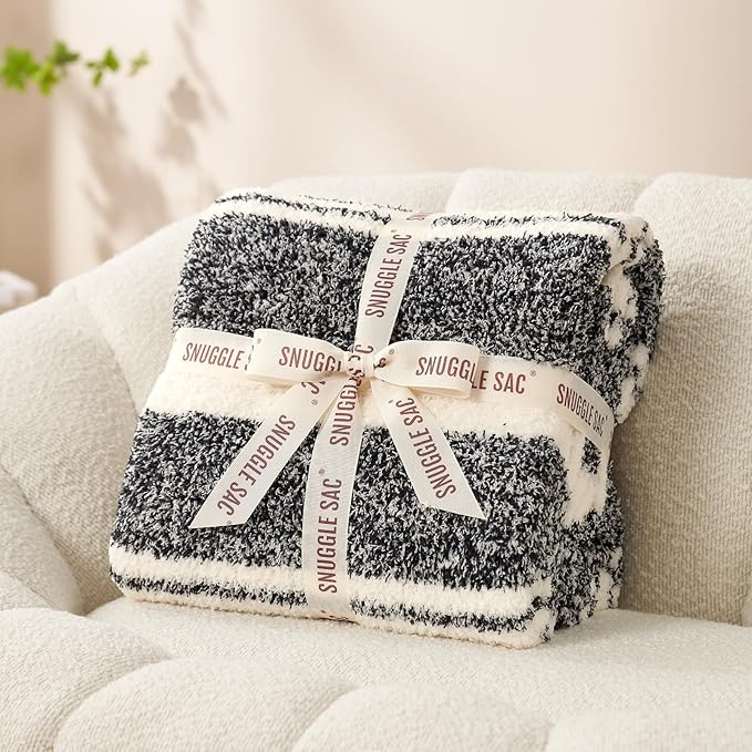 Snuggle Sac Queen Size Bed Blanket Stripe Black, Super Soft Warm Bedding Blankets Cozy Knit Fuzzy Plush Blankets for Bed, Living Room, Stripe Black, Queen 90"x90"