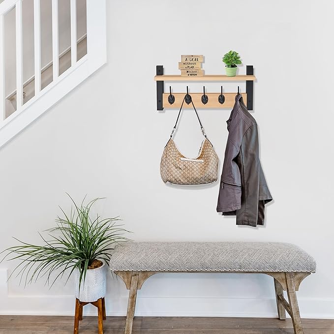 Sorbus Coat Hooks Wall Mount with Shelf – 16 Inch Coat Rack Wall Mount with 5 Heavy Duty Hooks – Floating Wall Shelf with Hooks for Entryway, Bathroom, Bedroom, Kitchen, or Mudroom (Maple Wood)