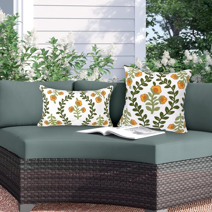 Alysheer Floral Embroidered Summer Decorative Throw Pillow Covers 18"x 18" Set of 2, Farmhouse Cottage Orange Flowers Green Leaves Knit Patterned Cotton Canvas Cushion Case for Couch Bed Living Room