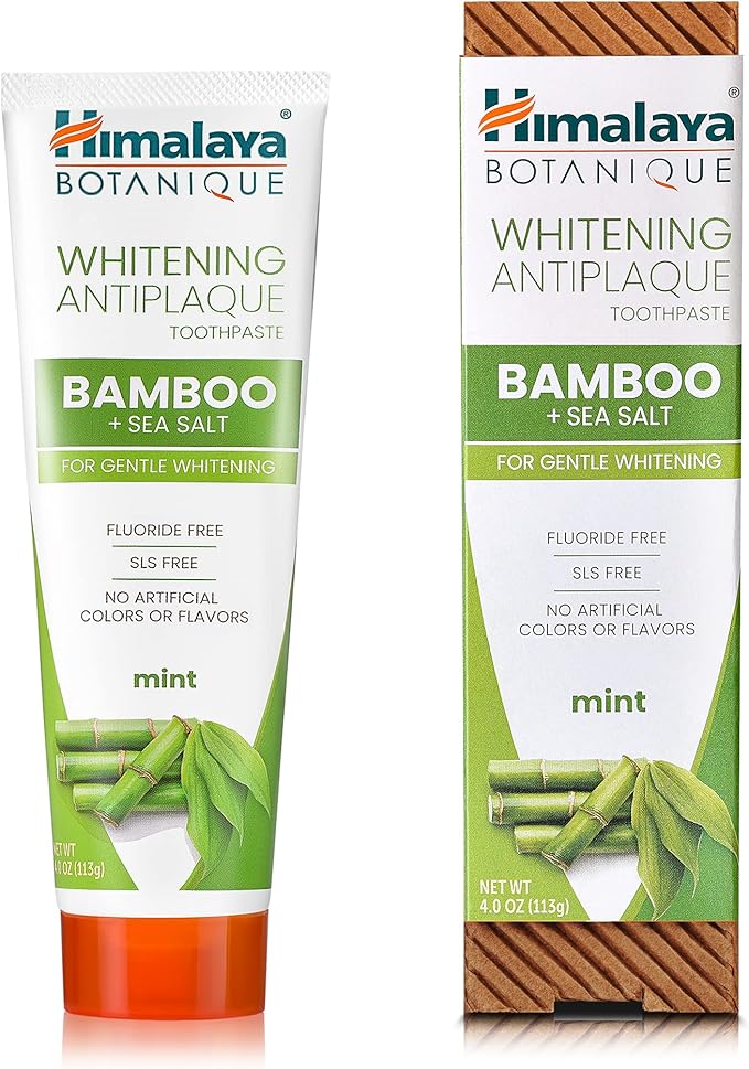 Himalaya Botanique Whitening Antiplaque Toothpaste with Bamboo + Sea Salt, Fluoride Free, for Gentle Whitening, 4 oz