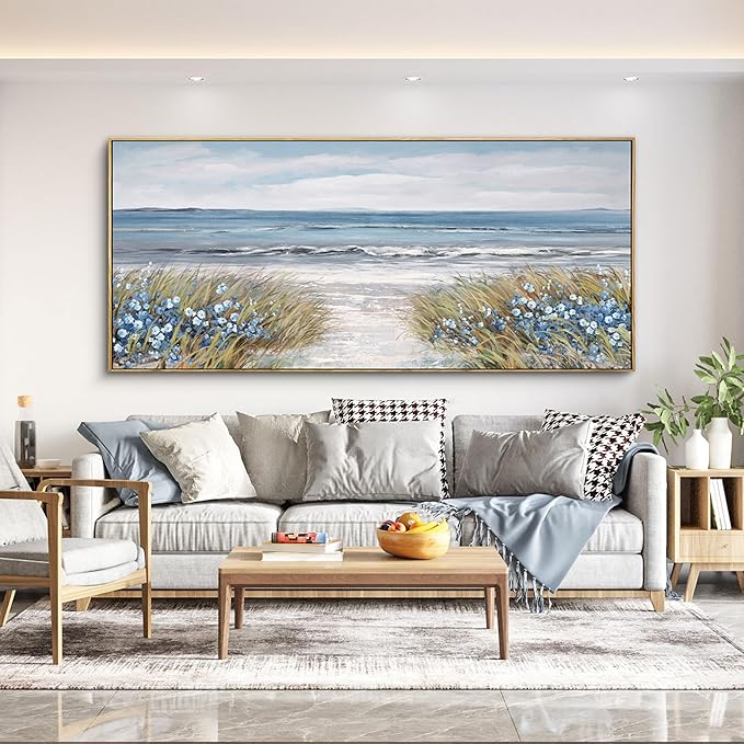 XLSJERST Extra Large Framed Wall Art for Living Room Decor - Farmhouse Boho Beach Coastal Vintage Floral Ocean Wall Picture Flowers Sea Canvas Print Artwork for Home Bedroom Office