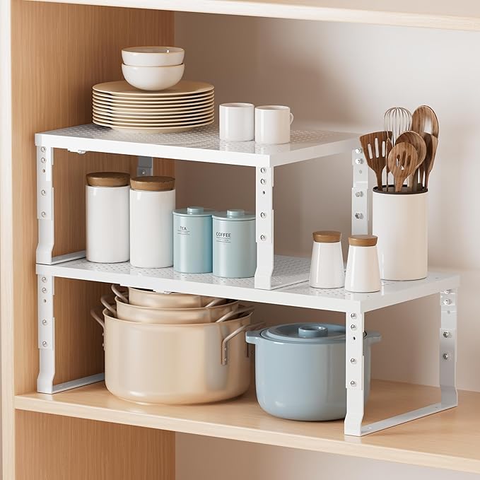 Metal Stackable Expandable Storage Shelf - Multi-Functional Home Storage Shelf, Suitable for Kitchen, Cabinet，Bathroom, Office, Garage, etc.（2PACKS/White/Large