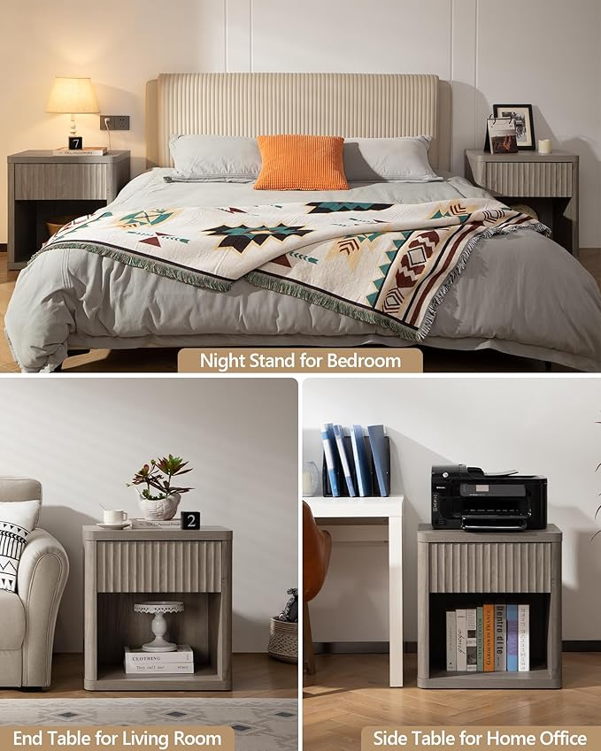 SICOTAS Large Nightstand with Drawer Storage - Grey Alder