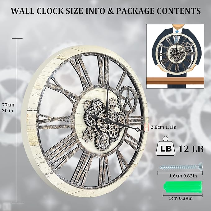 HOIBAI Large Wall Clock, Wall Clocks for Living Room Decor 30 Inch Farmhouse Vintage Rustic Kitchen Wall Decor Vintage Roman Oversized Wall Clock for Home Bedroom House, Moving Gears Clock