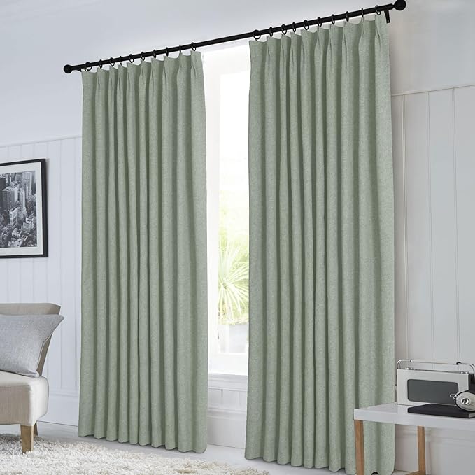 Macochico Fog Green 100% Blackout Linen Curtains 96 Inches Long Pinch Pleated Curtains for Bedroom Living Room Nursery Farmhouse Insulated Sound Reducing Drapery with Tieback 84”Wx96”L 1 Panel
