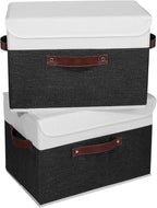 ANMINY 2PCS Storage Boxes with Lid Washable Decorative Storage Bins Basket with PU Leather Handle Foldable Linen Fabric Storage Cubes Containers for Home Closet Organizer - Black White, Large Size